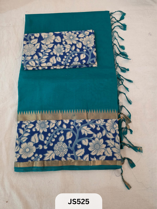 Mangalagiri Cotton X Kalamkari patch Border / dual blouse-1 mtr Kalamkari Blouse