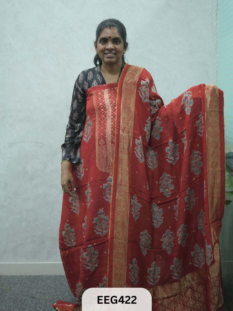 AJRAKH DOLA SILK 2 PCS-UNSTITCHED ( TOP 3.5MTR AND DUPPATA 2.25MTR ) - IMMEDIEATE DISPATCH
