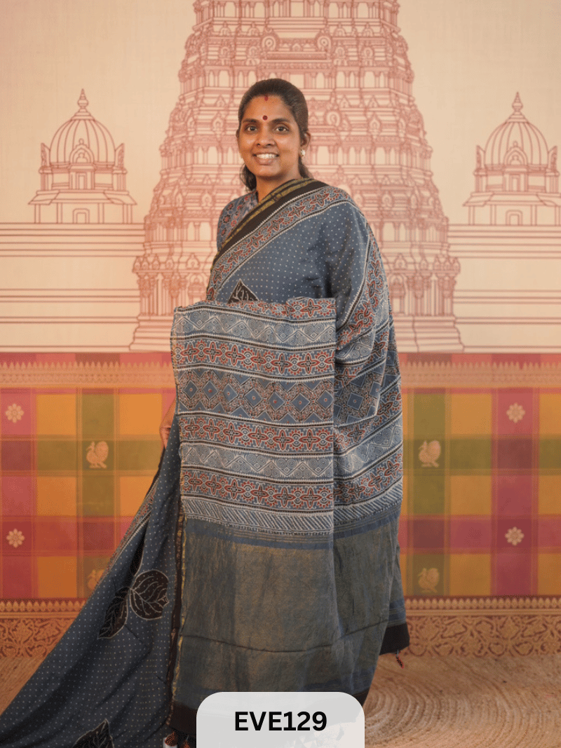 PURE CHANDERI SILK AJRAKH HANDBLOCK SAREE