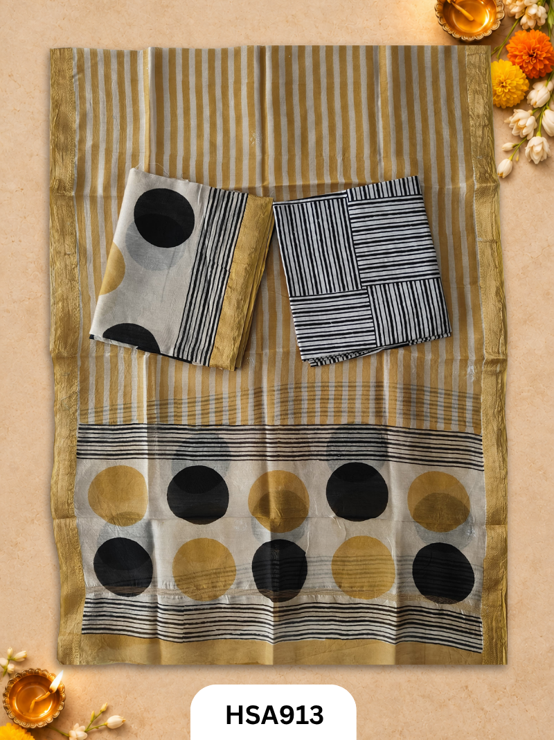 HandBlock Printed Maheshwari Silk Zari Border Top & dupttas 2.5 Mtrs | Bottom cotton 2.50 mtrs