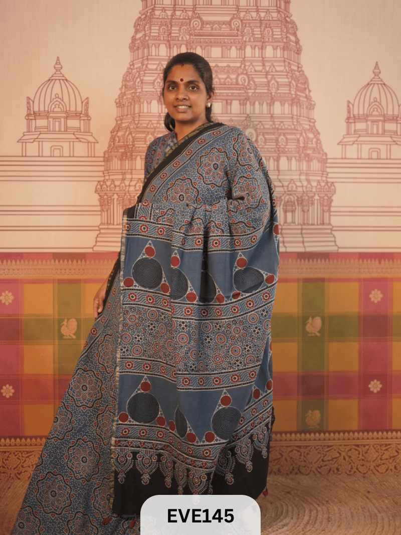 PURE CHANDERI SILK AJRAKH HANDBLOCK SAREE