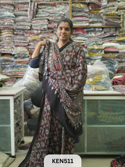 MODAL NATURAL AJRAKH HANDBLOCK SAREE WITH GLUE MIRROR