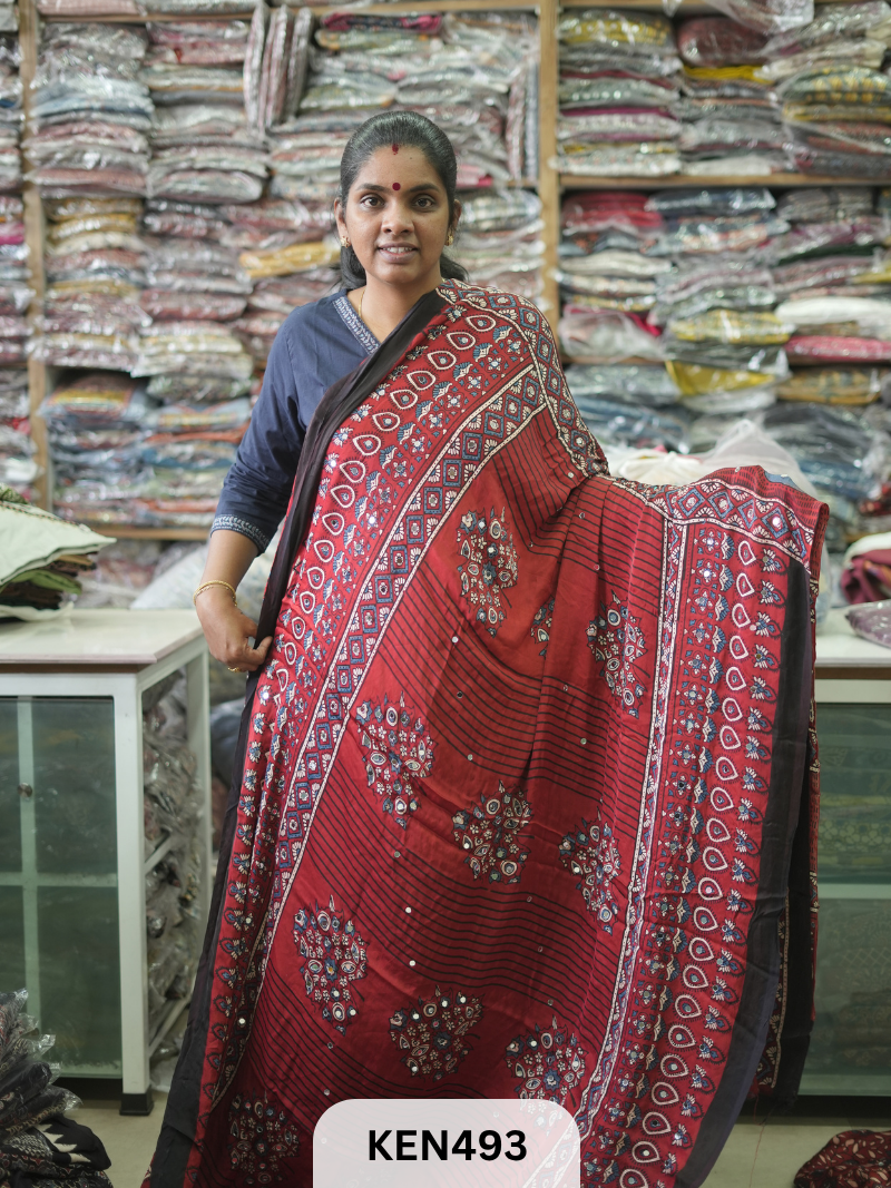 MODAL NATURAL AJRAKH HANDBLOCK SAREE WITH GLUE MIRROR