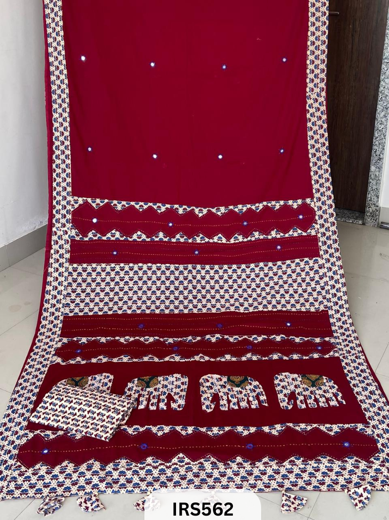 PURE MUL COTTON SAREE WITH KANTHA PATCH AND MIRROR WORK