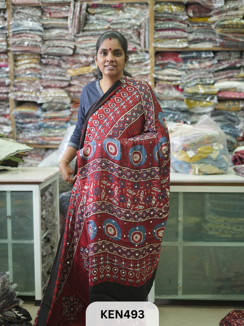 MODAL NATURAL AJRAKH HANDBLOCK SAREE WITH GLUE MIRROR