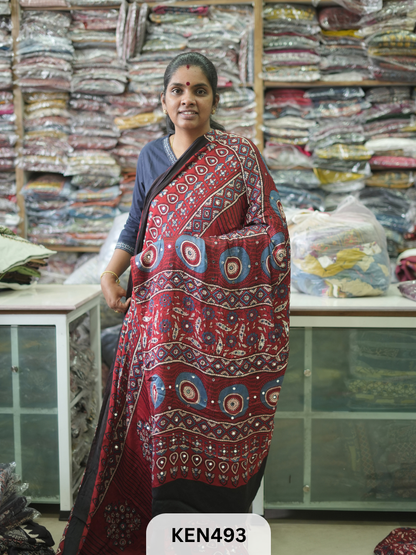 MODAL NATURAL AJRAKH HANDBLOCK SAREE WITH GLUE MIRROR