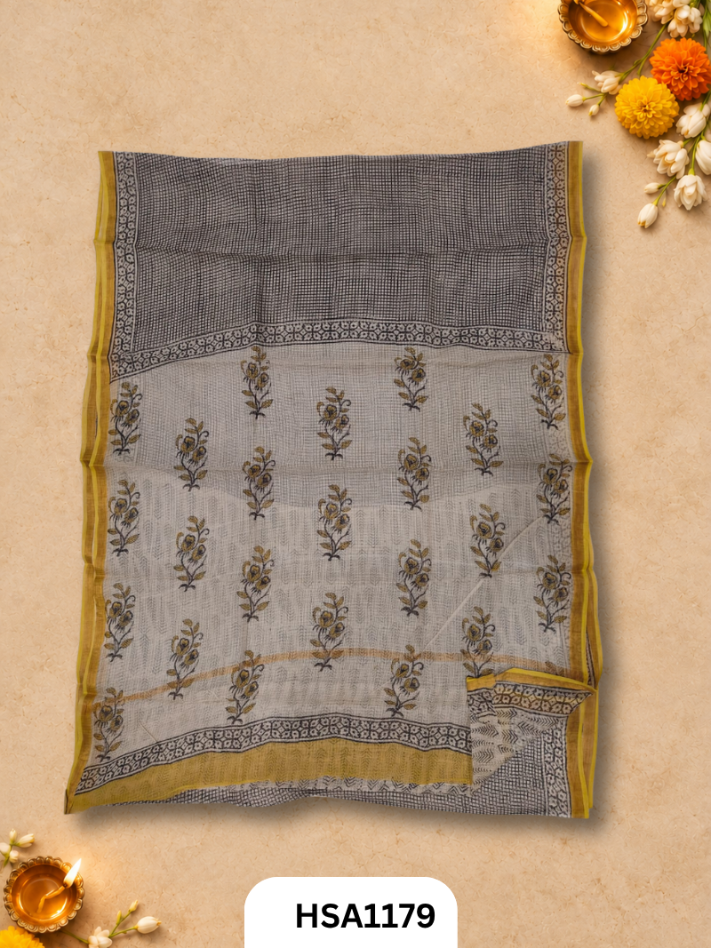 Hand Block Printed Kota Doriya Saree with Blouse