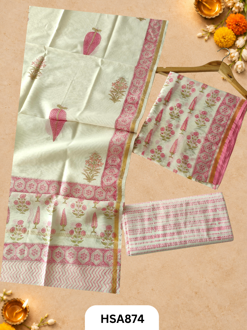 HandBlock Printed Chanderi Silk Cotton Suits -Top 2.5M Duptta 2.5M