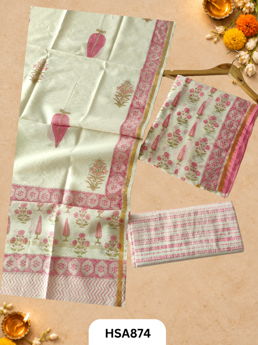 HandBlock Printed Chanderi Silk Cotton Suits -Top 2.5M Duptta 2.5M