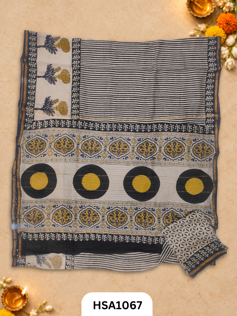 Pure Hand Block Printed Chanderi Silk Saree With Printed Blouse