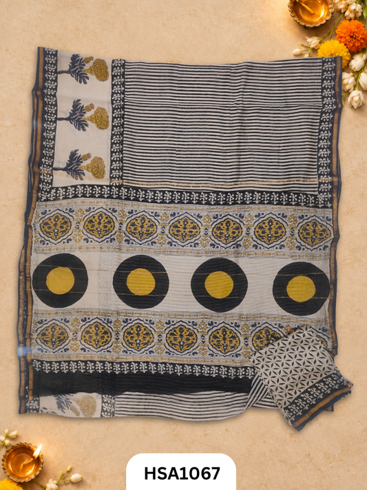 Pure Hand Block Printed Chanderi Silk Saree With Printed Blouse