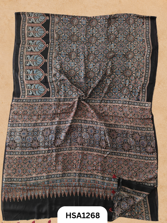 Natural Dye Vegetable Hand Block Print Ajrakh Print Pure Modal Silk Saree