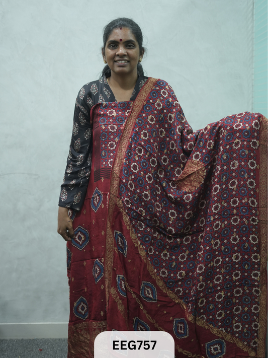 AJRAKH DOLA SILK 2 PCS-UNSTITCHED ( TOP 3.5MTR AND DUPPATA 2.25MTR )