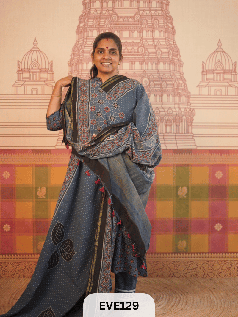 PURE CHANDERI SILK AJRAKH HANDBLOCK SAREE