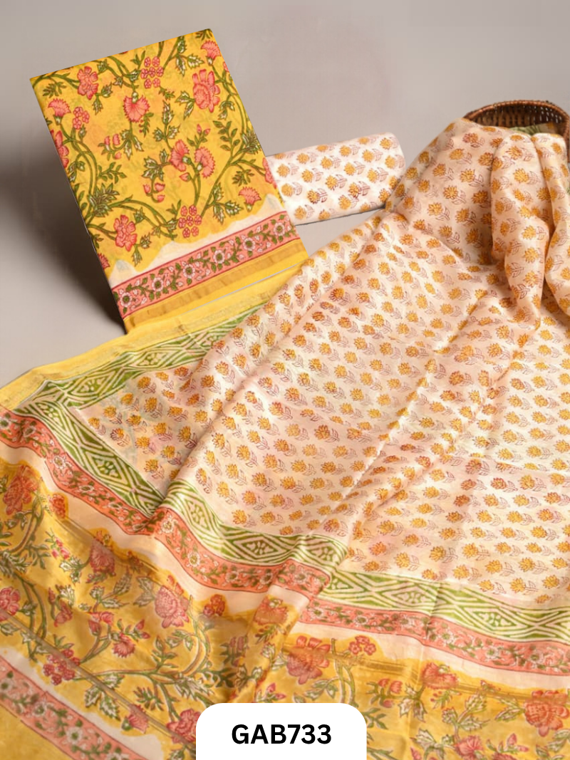 Hand Block Chanderi Silk Dress Materials Top 2.5 Mtrs Duptta 2.5 Mtrs
