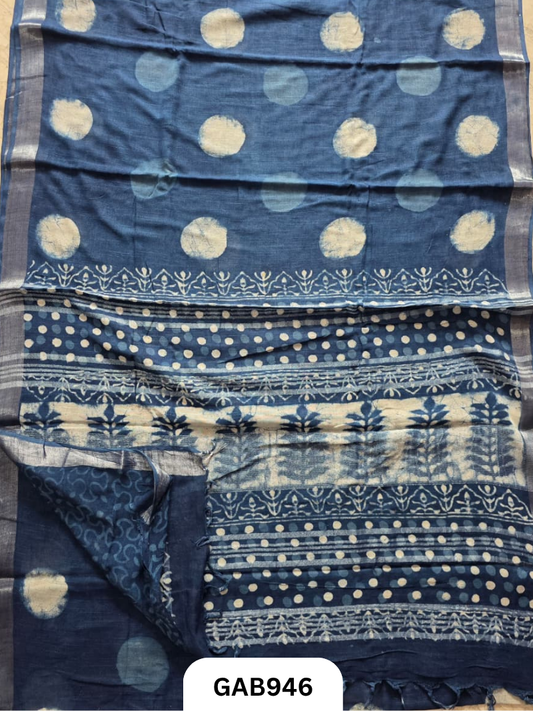 Bagru Handblock Print Linen Saree With Attached Blouse