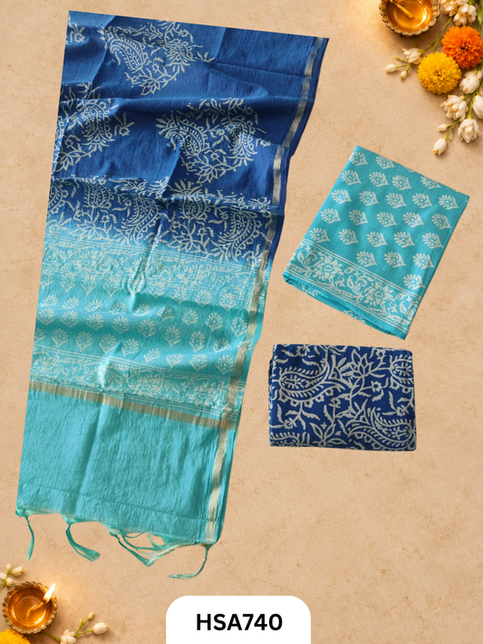 HandBlock Printed Chanderi Silk Dupatta With Cotton Suits -Top 2.5M Duptta 2.5M