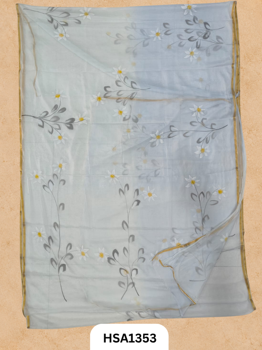 Chiffon Zari Border Saree - Hand Brush Painted