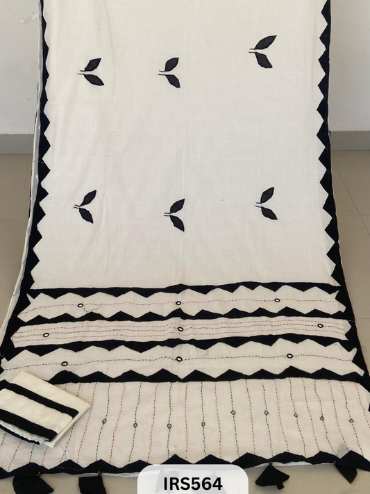 PURE MUL COTTON SAREE WITH KANTHA PATCH AND MIRROR WORK