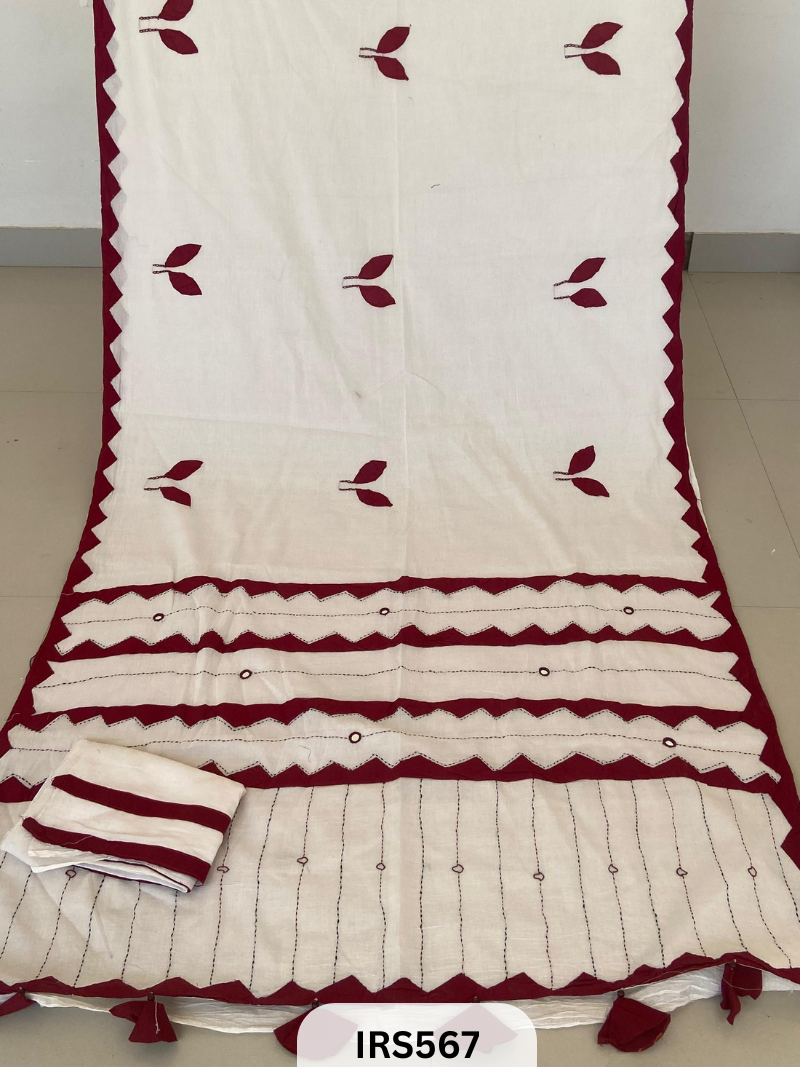 PURE MUL COTTON SAREE WITH KANTHA PATCH AND MIRROR WORK