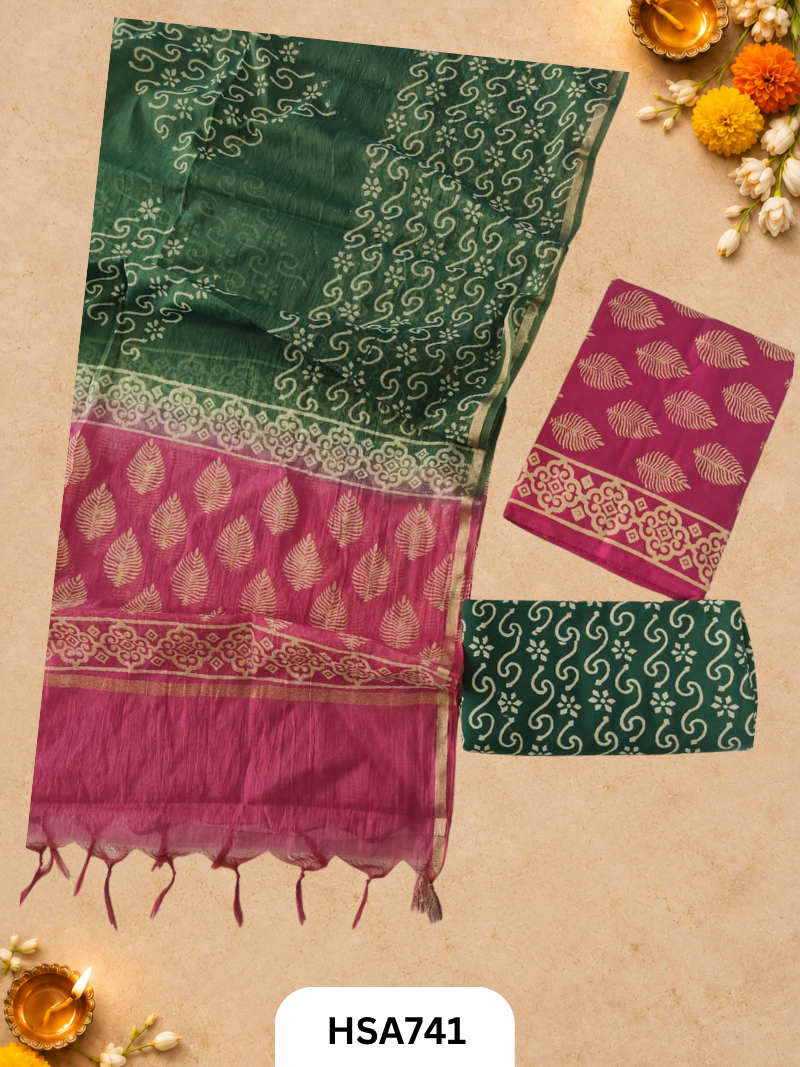HandBlock Printed Chanderi Silk Dupatta With Cotton Suits -Top 2.5M Duptta 2.5M