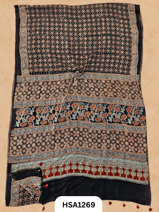 Natural Dye Vegetable Hand Block Print Ajrakh Print Pure Modal Silk Saree