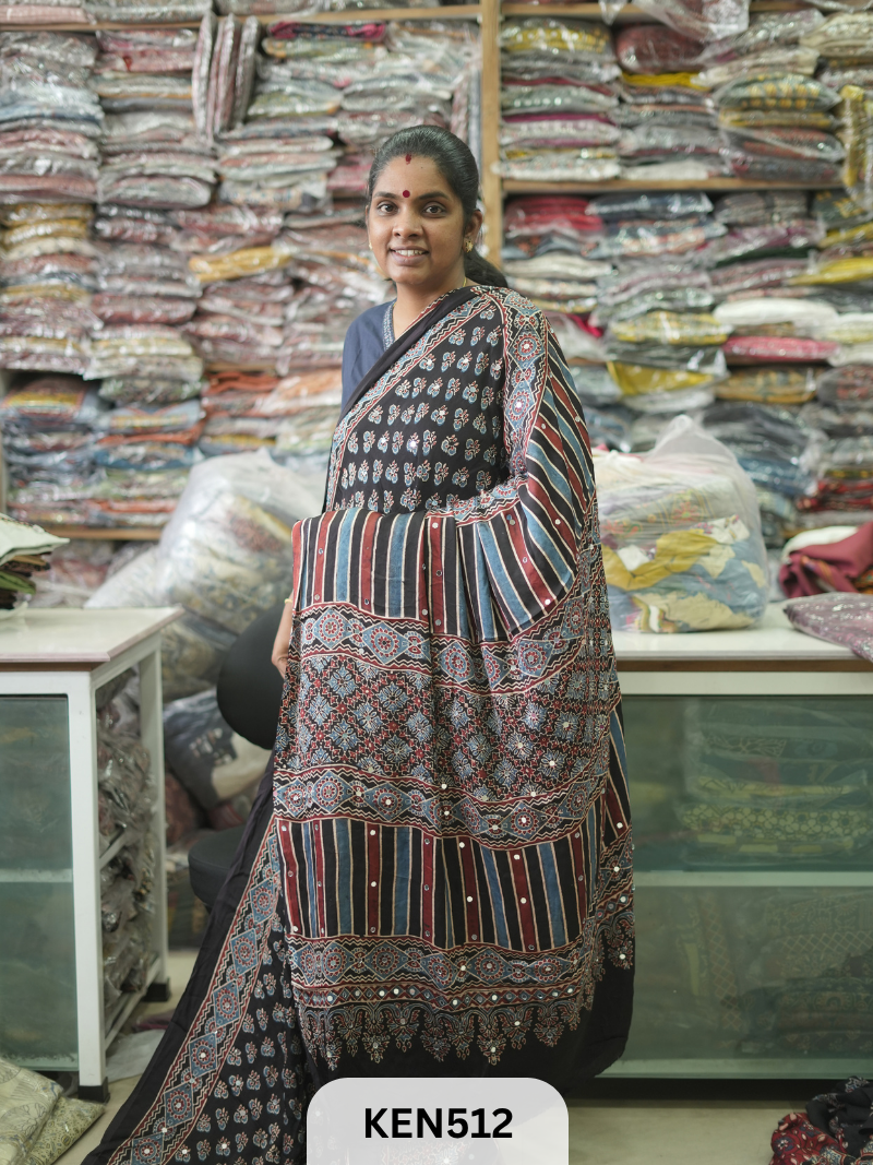 MODAL NATURAL AJRAKH HANDBLOCK SAREE WITH GLUE MIRROR