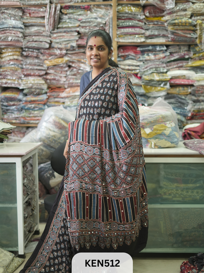 MODAL NATURAL AJRAKH HANDBLOCK SAREE WITH GLUE MIRROR