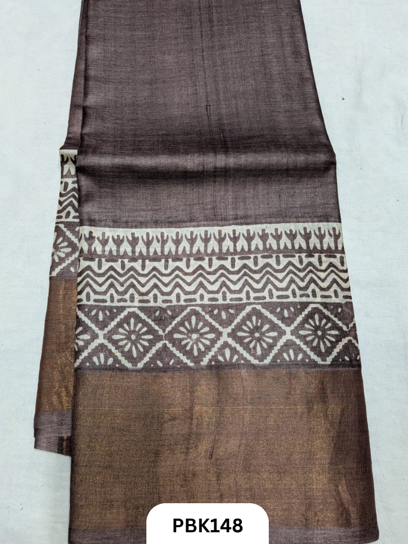 Premium Pure Tussar Silk Handblock Print Saree – Kolkata Special