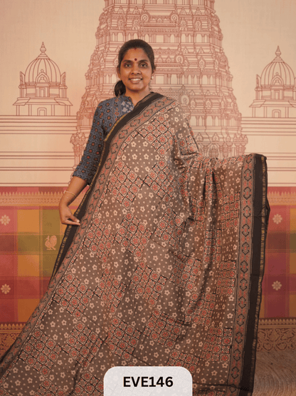 PURE CHANDERI SILK AJRAKH HANDBLOCK SAREE