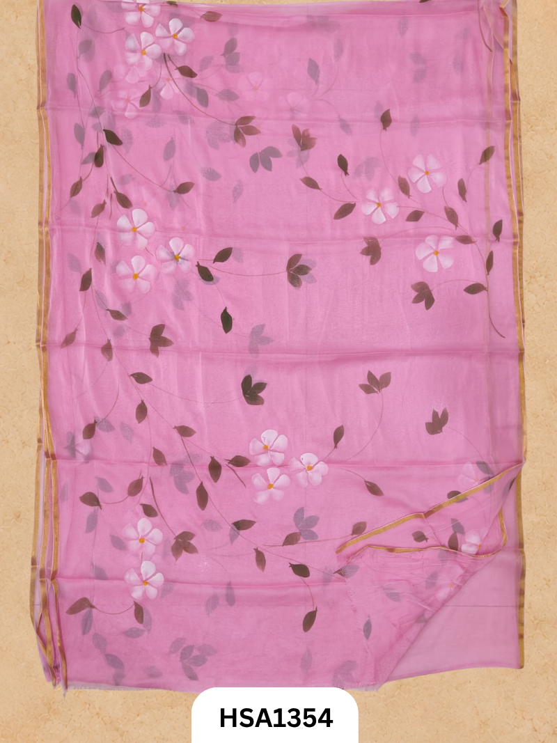 Chiffon Zari Border Saree - Hand Brush Painted