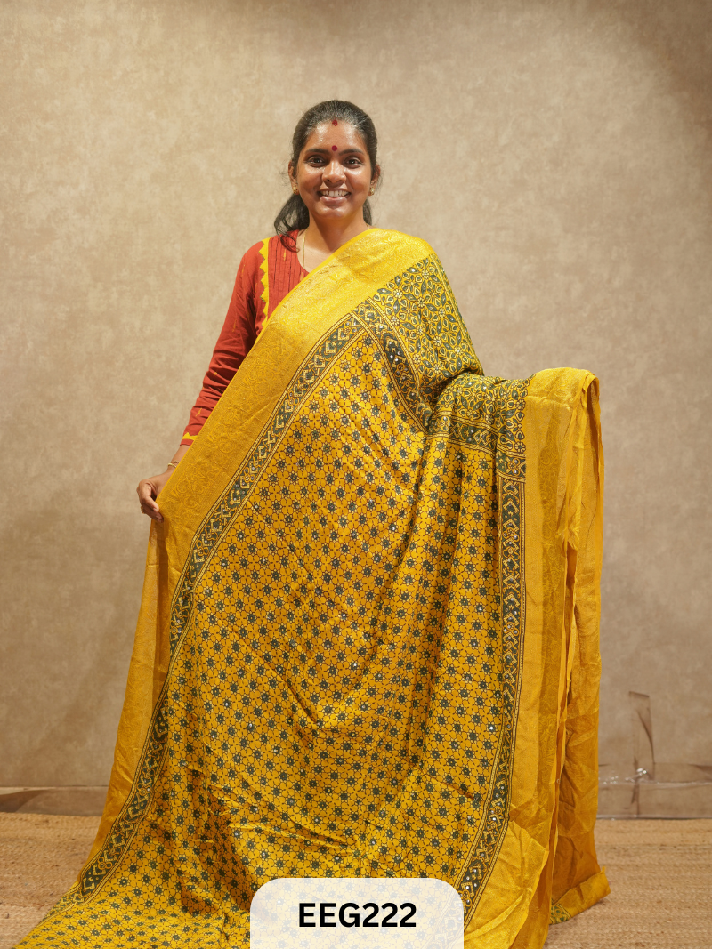 AJRAKH DOLA SILK SAREE WITH MIRROR WORK - IMMEDIATE DISPATCH