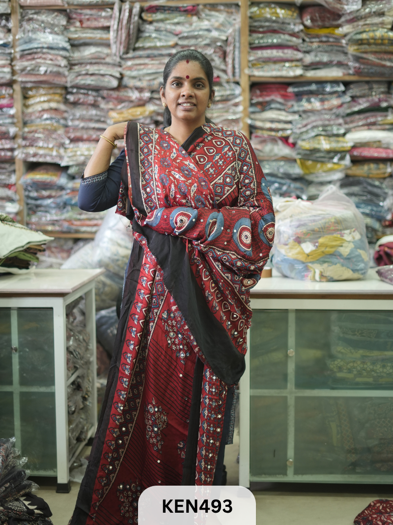 MODAL NATURAL AJRAKH HANDBLOCK SAREE WITH GLUE MIRROR