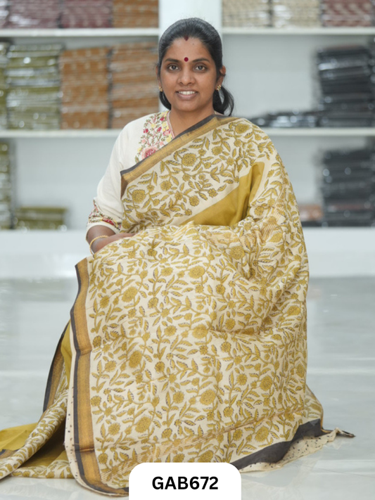 Hand Block Printed Maheshwari Silk Saree