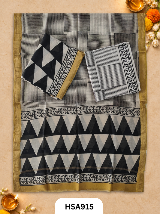 HandBlock Printed Maheshwari Silk Zari Border Top & dupttas 2.5 Mtrs | Bottom cotton 2.50 mtrs