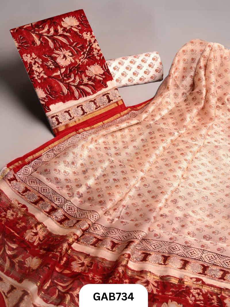 Hand Block Chanderi Silk Dress Materials Top 2.5 Mtrs Duptta 2.5 Mtrs