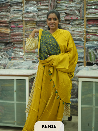 PLAIN MODAL SAREE WITH AJRAKH PRINT BLOUSE
