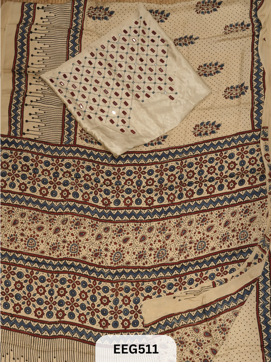 AJRAKH MODAL SAREE WITH KUTCHI HANDWORK BLOUSE PIECE EXTRA