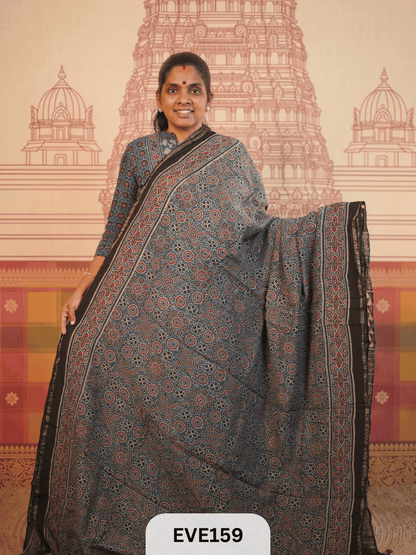 PURE CHANDERI SILK AJRAKH HANDBLOCK SAREE