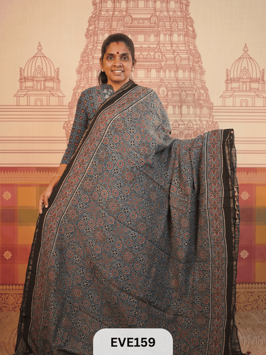 PURE CHANDERI SILK AJRAKH HANDBLOCK SAREE
