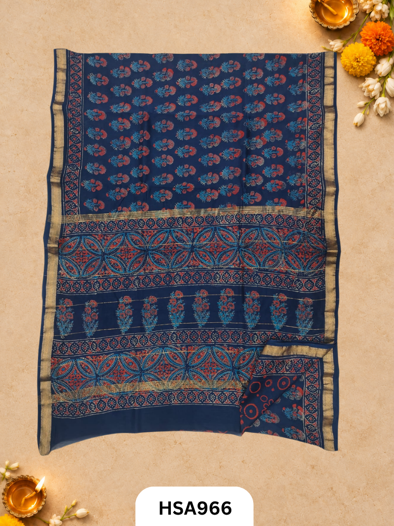 Pure Maheswari Silk Cotton - Handblock Print Saree With Blouse