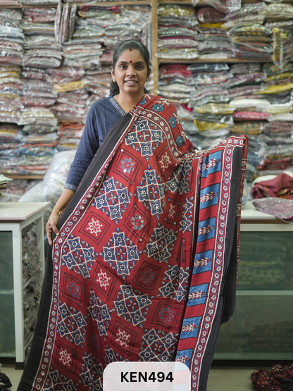 MODAL NATURAL AJRAKH HANDBLOCK SAREE WITH GLUE MIRROR