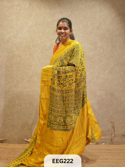 AJRAKH DOLA SILK SAREE WITH MIRROR WORK - IMMEDIATE DISPATCH