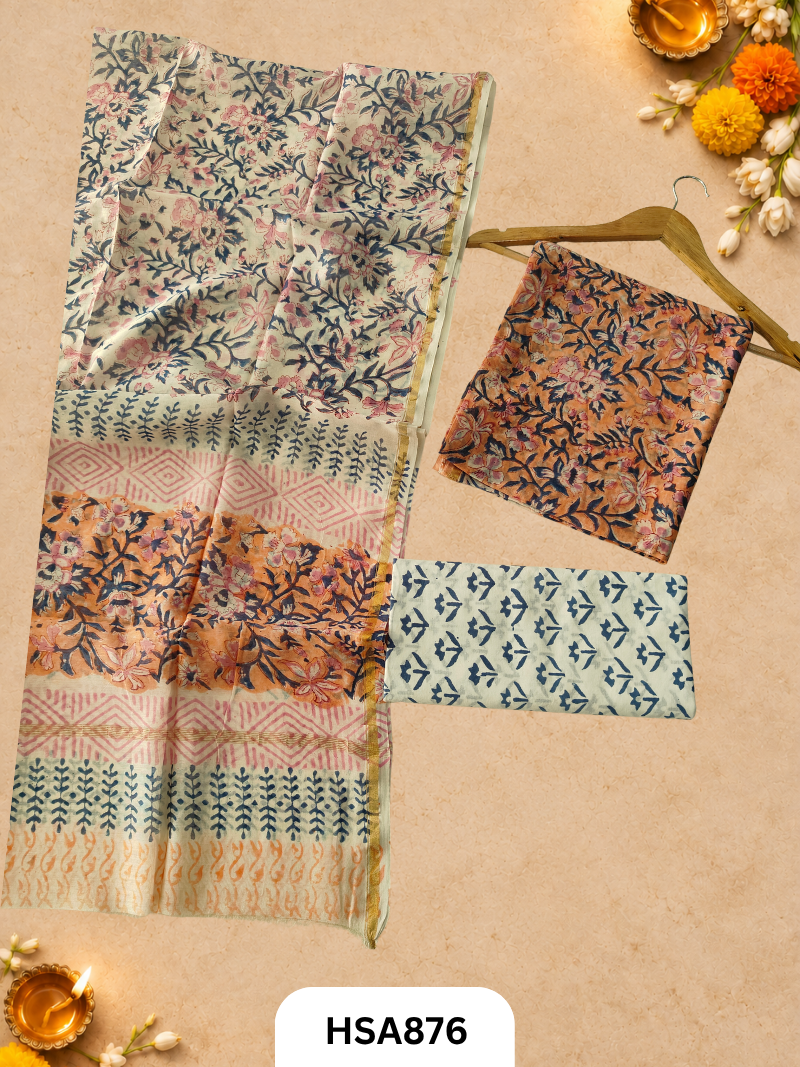 HandBlock Printed Chanderi Silk Cotton Suits -Top 2.5M Duptta 2.5M