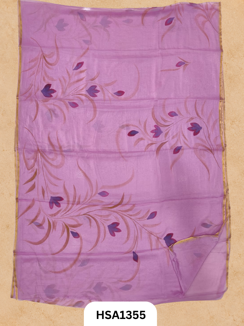 Chiffon Zari Border Saree - Hand Brush Painted