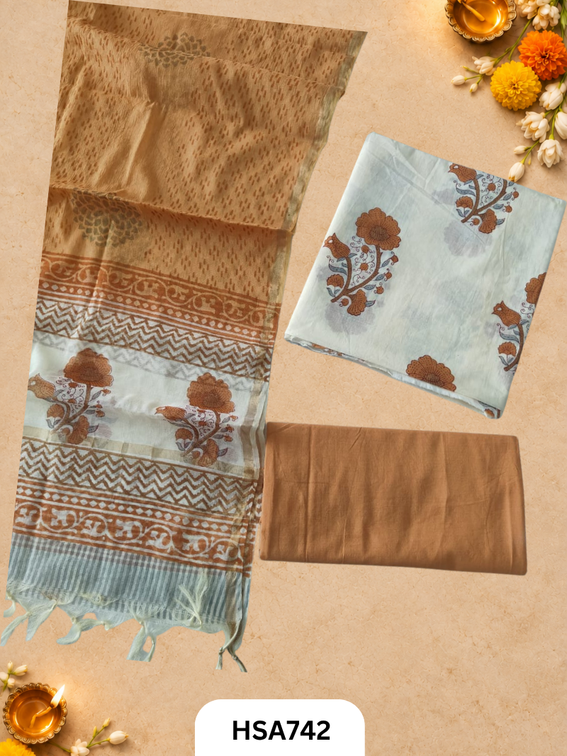 HandBlock Printed Chanderi Silk Dupatta With Cotton Suits -Top 2.5M Duptta 2.5M