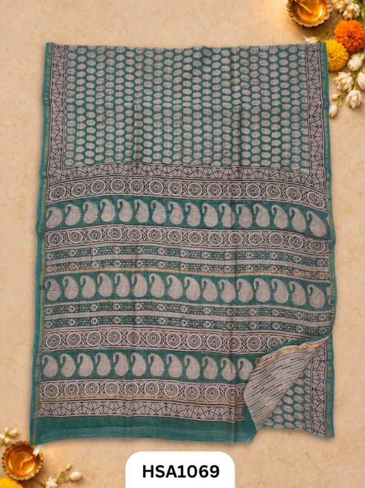 Pure Hand Block Printed Chanderi Silk Saree With Printed Blouse