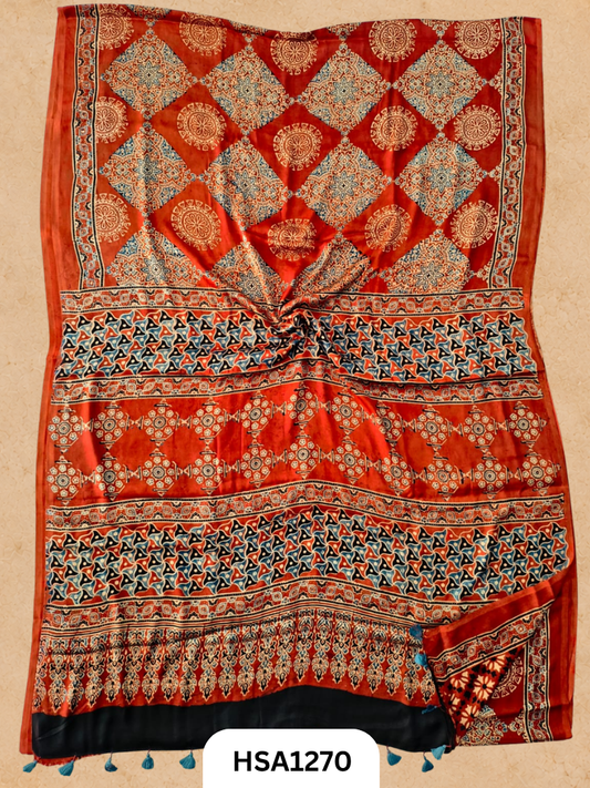 Natural Dye Vegetable Hand Block Print Ajrakh Print Pure Modal Silk Saree