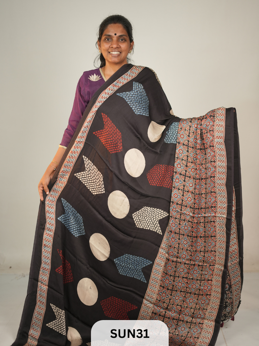 MODAL SILK WITH AJRAKH HANDBLOCK PRINT SAREE