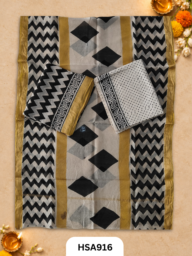 HandBlock Printed Maheshwari Silk Zari Border Top & dupttas 2.5 Mtrs | Bottom cotton 2.50 mtrs